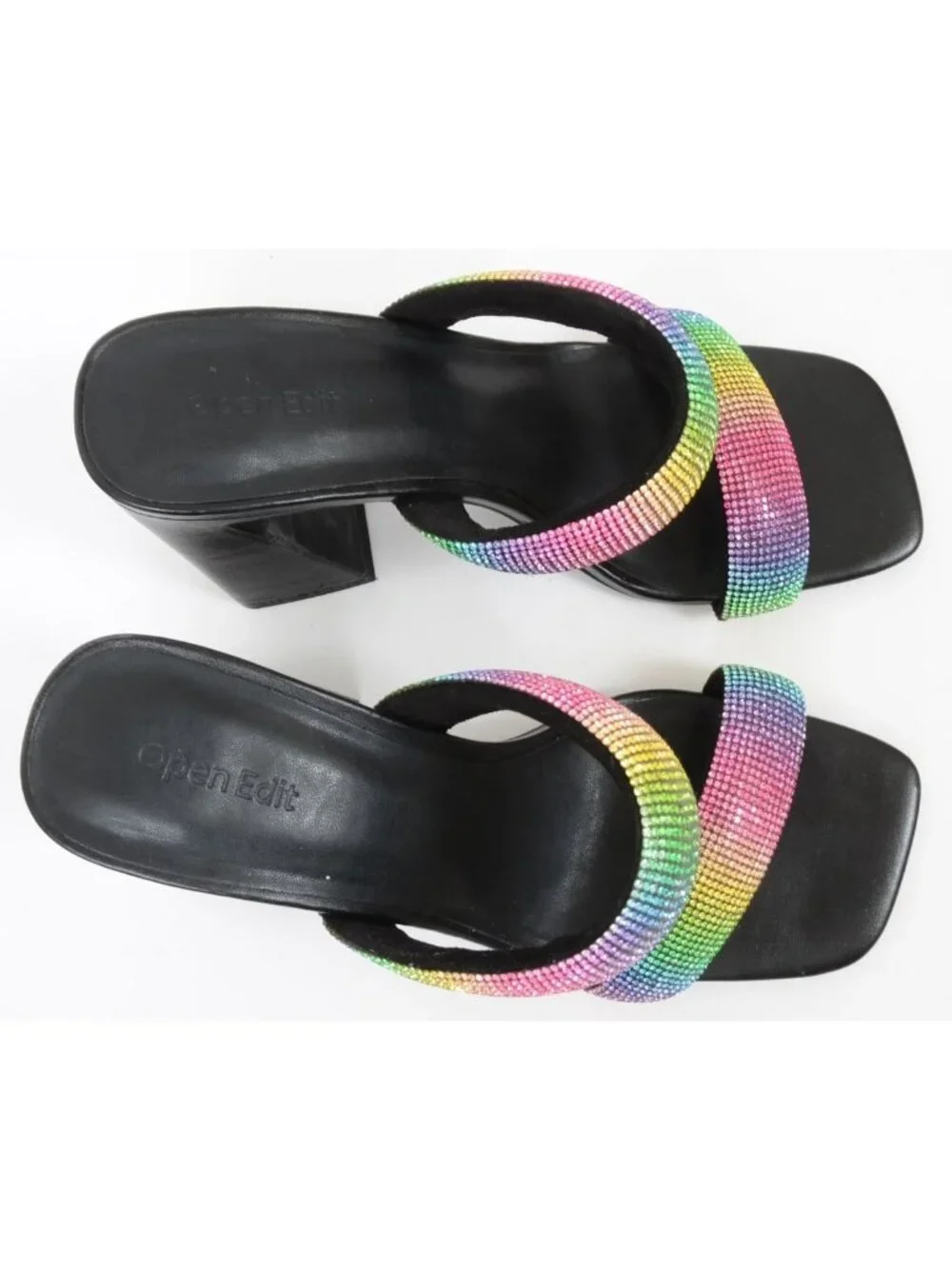 Open Edit Sasha Women‎ 9.5 Black Rainbow Rhinestone Sandal Chunky Flared Heels